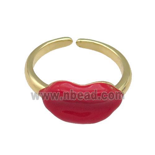 copper Ring with red enamel Lip, gold plated