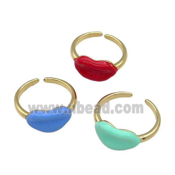 copper Ring with enamel Lip, gold plated, mixed