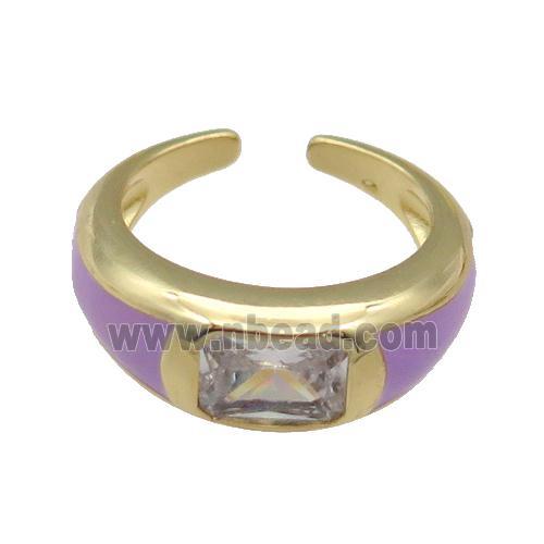 copper Ring paved zircon with lavender enamel, gold plated
