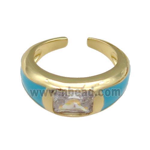 copper Ring paved zircon with teal enamel, gold plated