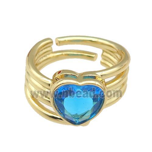 copper Ring paved zircon, blue heart, adjustable, gold plated