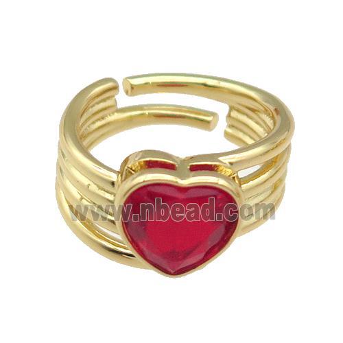 copper Ring paved zircon, red heart, gold plated