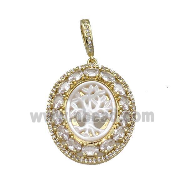 copper oval pendant paved zircon, white shell tree, gold plated