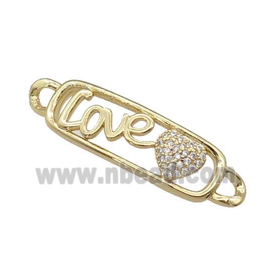 copper Heart connector paved zircon, LOVE, gold plated