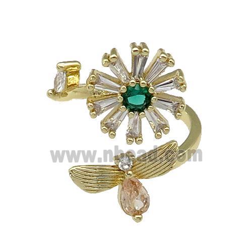 copper Ring paved zircon, flower, gold plated
