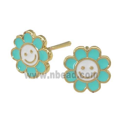 copper emoji Stud Earring with green enamel, smileface, gold plated