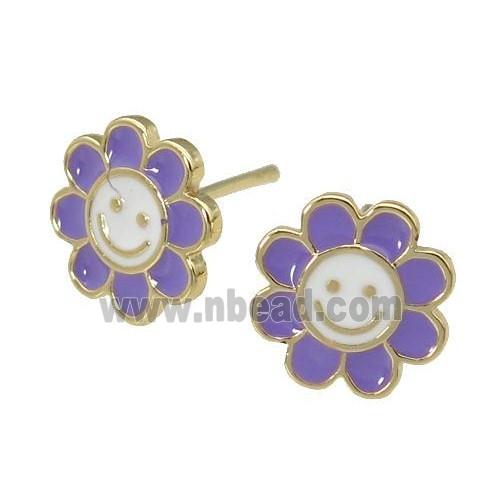 copper emoji Stud Earring with lavender enamel, smileface, gold plated