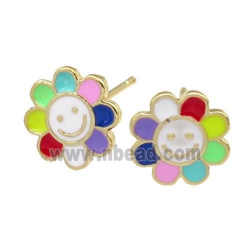 copper emoji Stud Earring with multicolor enamel, smileface, gold plated