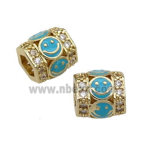 copper Tube beads paved zircon with teal enamel smileface, gold plated