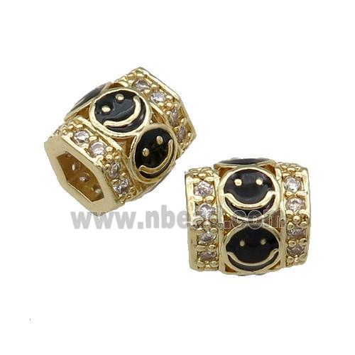 copper Tube beads paved zircon with black enamel smileface, gold plated