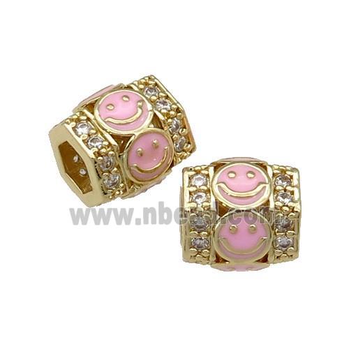copper Tube beads paved zircon with pink enamel smileface, gold plated