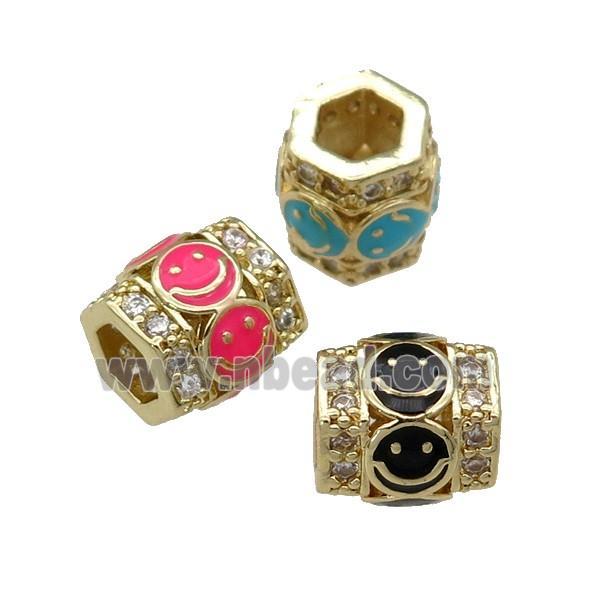 copper Tube beads paved zircon with enamel smileface, large hole, gold plated, mix