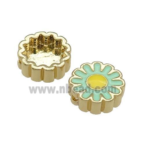 copper Sunflower beads with green enamel, gold plated