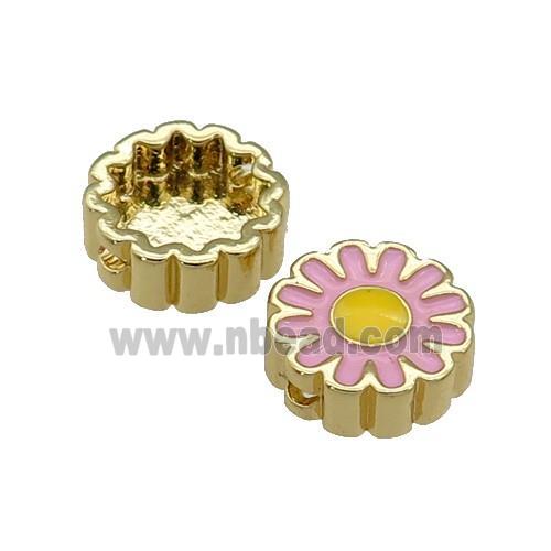copper Sunflower beads with pink enamel, gold plated