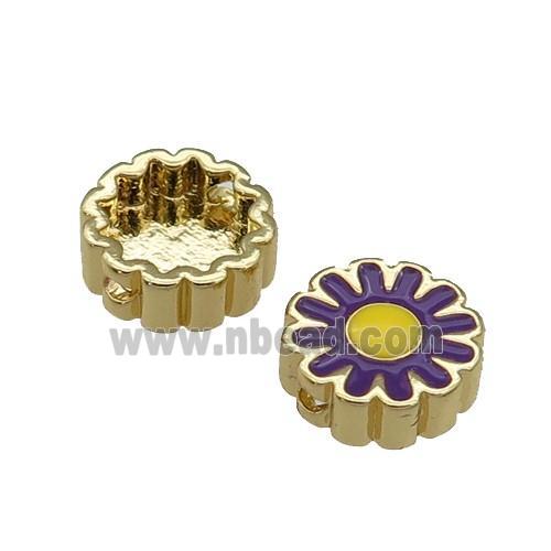 copper Sunflower beads with purple enamel, gold plated