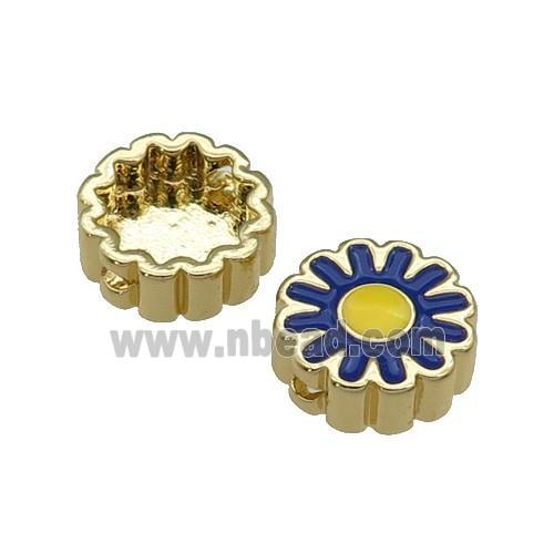 copper Sunflower beads with blue enamel, gold plated