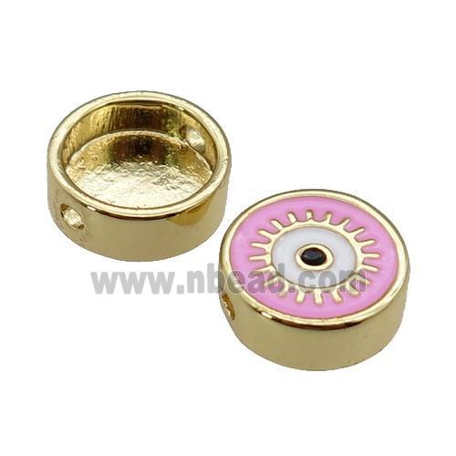 copper circle Eye beads with pink enamel, gold plated