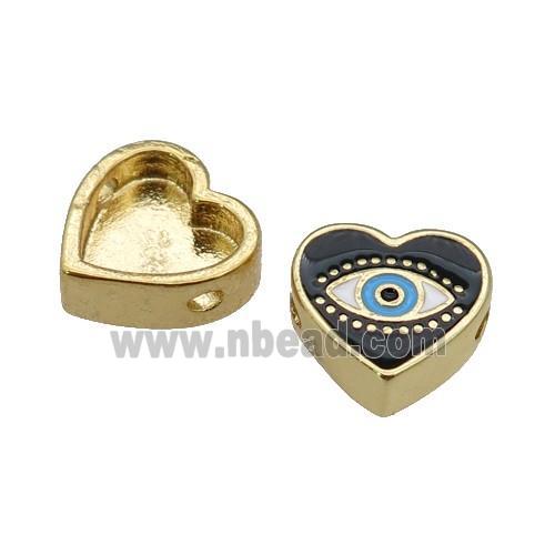 copper Heart beads with black enamel, Evil Eye, gold plated