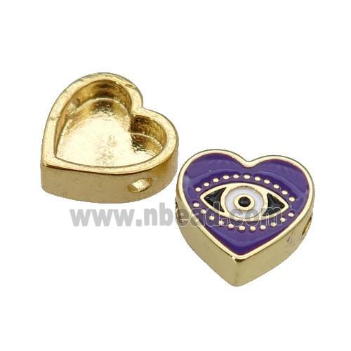 copper Heart beads with purple enamel, Evil Eye, gold plated