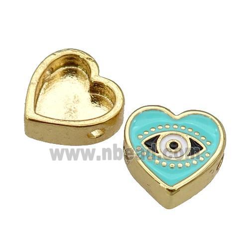 copper Heart beads with lt.green enamel, Evil Eye, gold plated