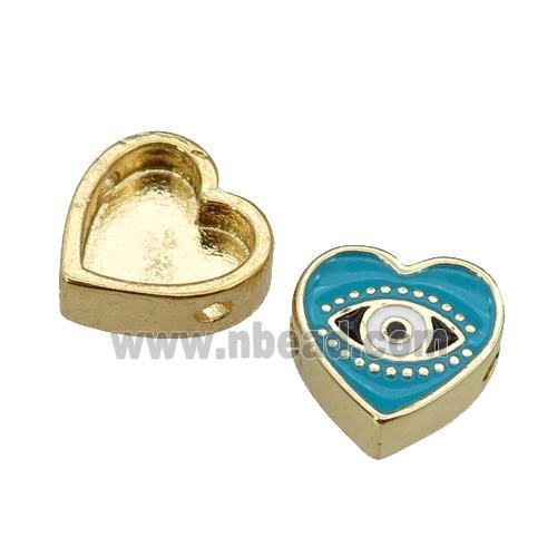 copper Heart beads with teal enamel, Evil Eye, gold plated