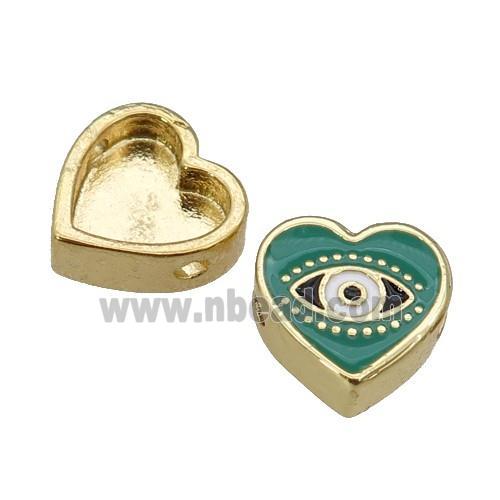 copper Heart beads with green enamel, Evil Eye, gold plated