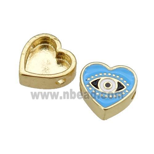 copper Heart beads with blue enamel, Evil Eye, gold plated
