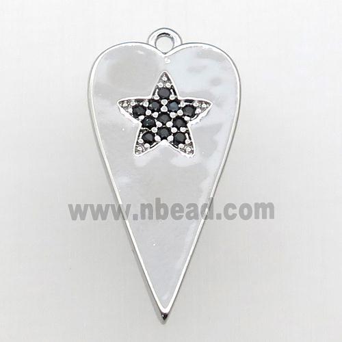 copper heart pendant paved black zircon, platinum plated