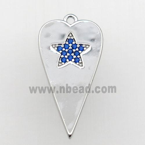 copper heart pendant paved blue zircon, platinum plated