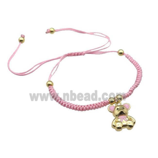 pink nylon bracelet with copper bear, adjustable