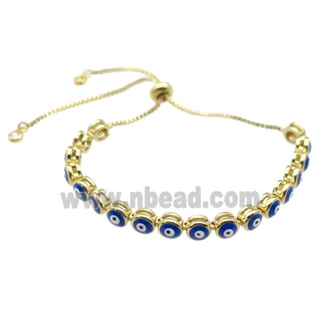 copper Bracelet with deep blue enamel Evil Eye, adjustable, gold plated