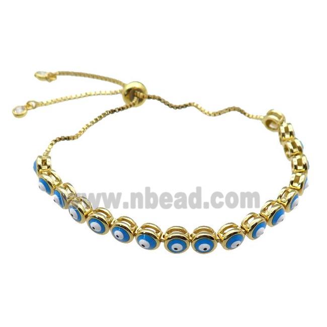 copper Bracelet with blue enamel Evil Eye, adjustable, gold plated
