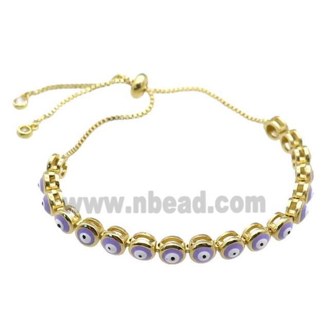 copper Bracelet with lavender enamel Evil Eye, adjustable, gold plated