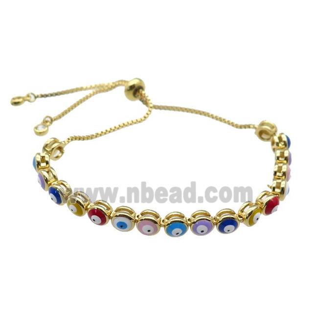 copper Bracelet with enamel Evil Eye, multicolor, adjustable, gold plated