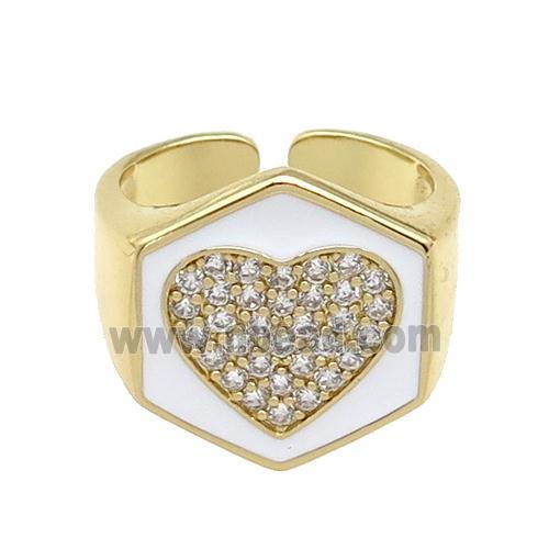 copper Heart Ring paved zircon with white enamel, gold plated