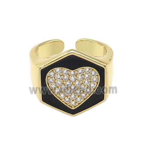 copper Heart Ring paved zircon with black enamel, gold plated