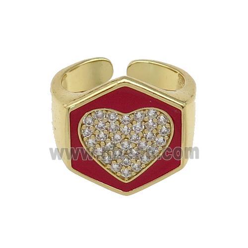 copper Heart Ring paved zircon with red enamel, gold plated