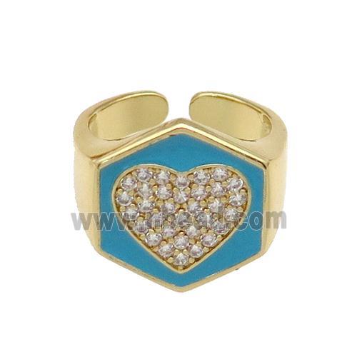 copper Heart Ring paved zircon with teal enamel, gold plated