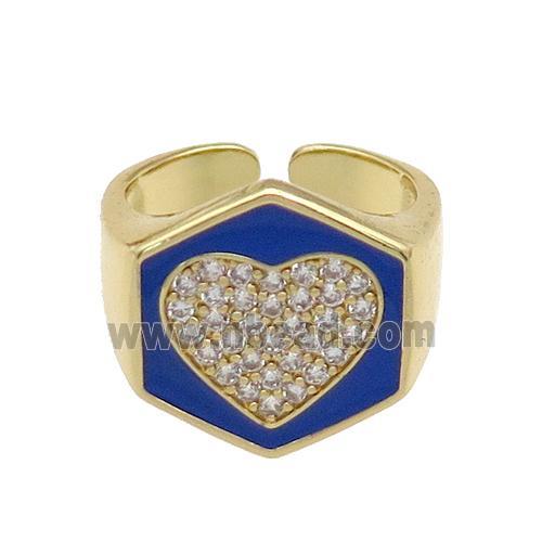 copper Heart Ring paved zircon with blue enamel, gold plated