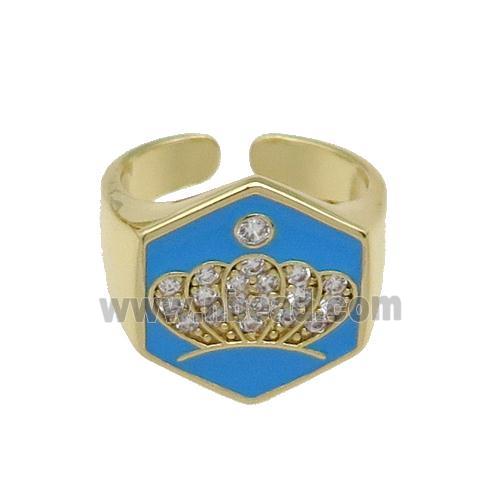 copper Crown Rings paved zircon with blue enamel, gold plated