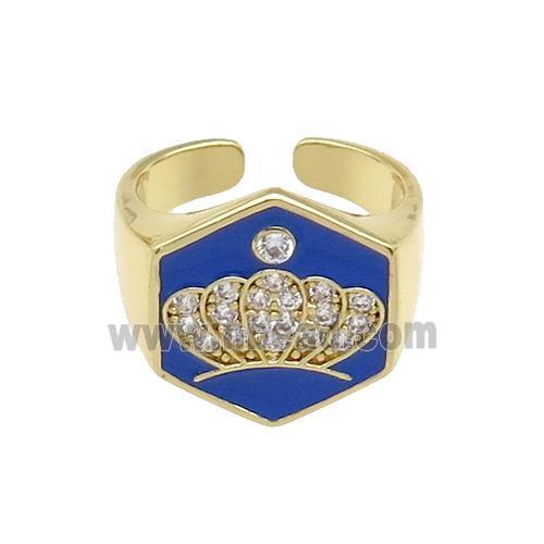 copper Crown Rings paved zircon with blue enamel, gold plated