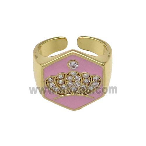 copper Crown Rings paved zircon with pink enamel, gold plated