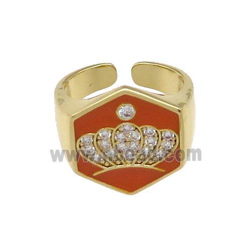 copper Crown Rings paved zircon with orange enamel, gold plated