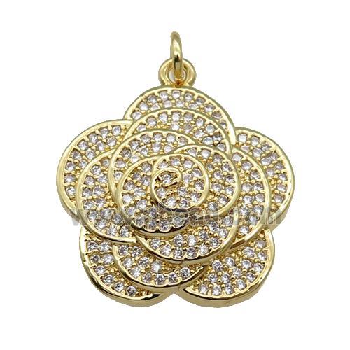 copper Flower pendant pave zircon, gold plated