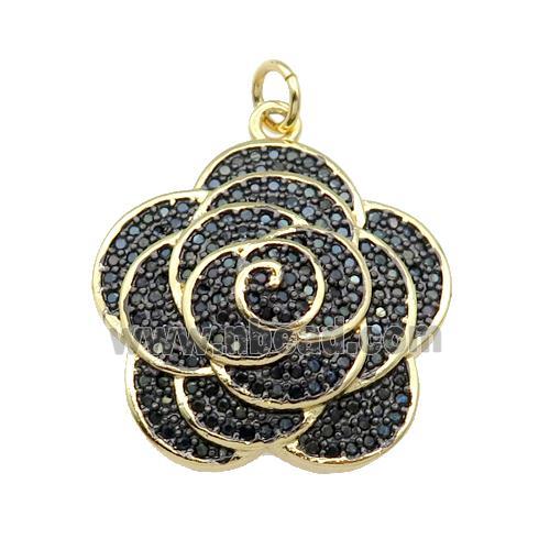 copper Flower pendant pave black zircon, gold plated