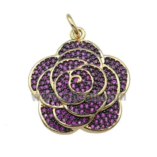 copper Flower pendant pave hotpink zircon, gold plated