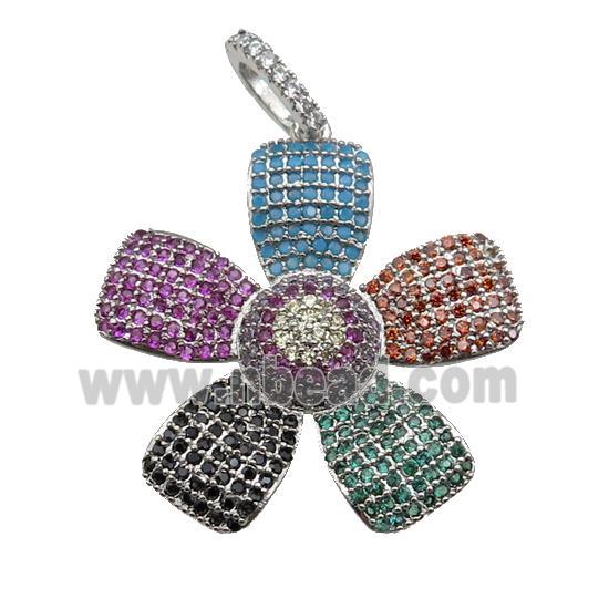 copper Flower pendant pave zircon, multicolor, platinum plated