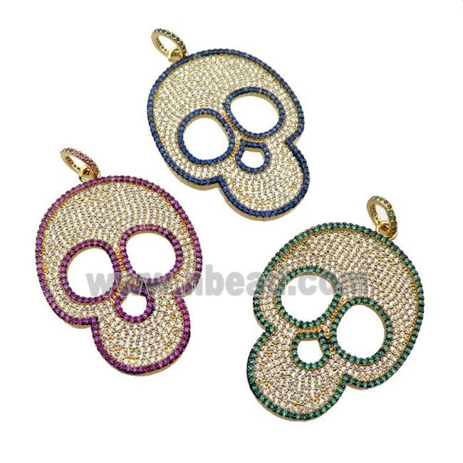 copper Skull charm pendant pave zircon, gold plated, mixed