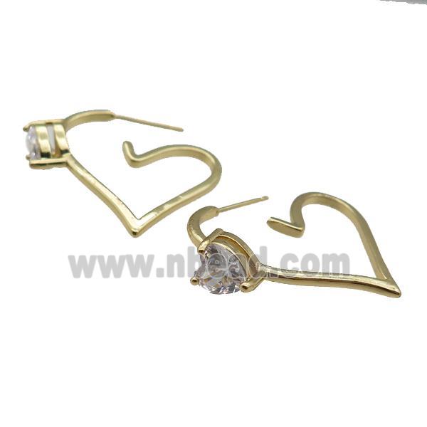 copper Stud Earring pave zircon, heart, gold plated