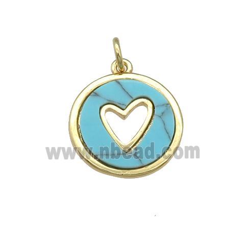 copper circle pendant pave Turquoise, heart, gold plated